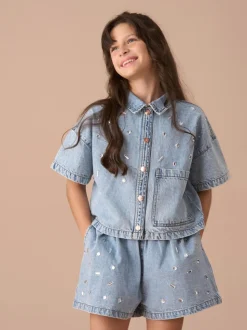 Angel & Rocket Zeta Diamonte 100% katoenen denim overhemd met korte mouwen