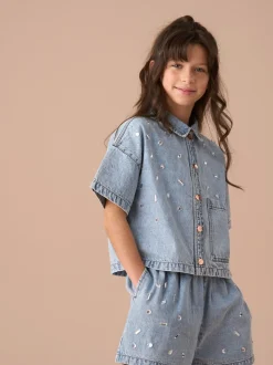 Angel & Rocket Zeta Diamonte 100% katoenen denim overhemd met korte mouwen