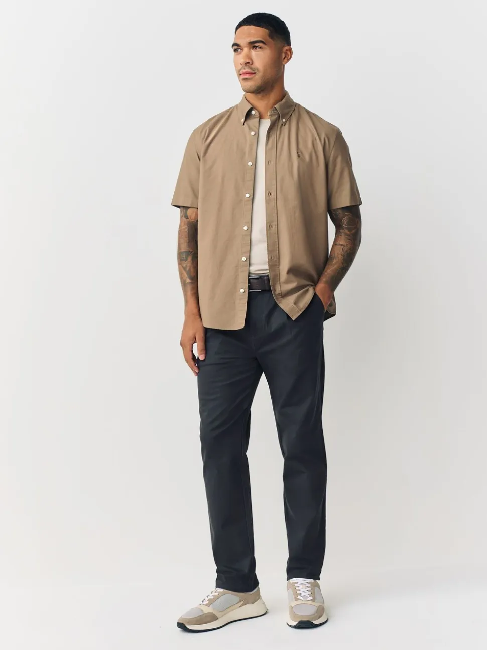 Antraciet - Belted Soft Touch Pleated Chino Trousers