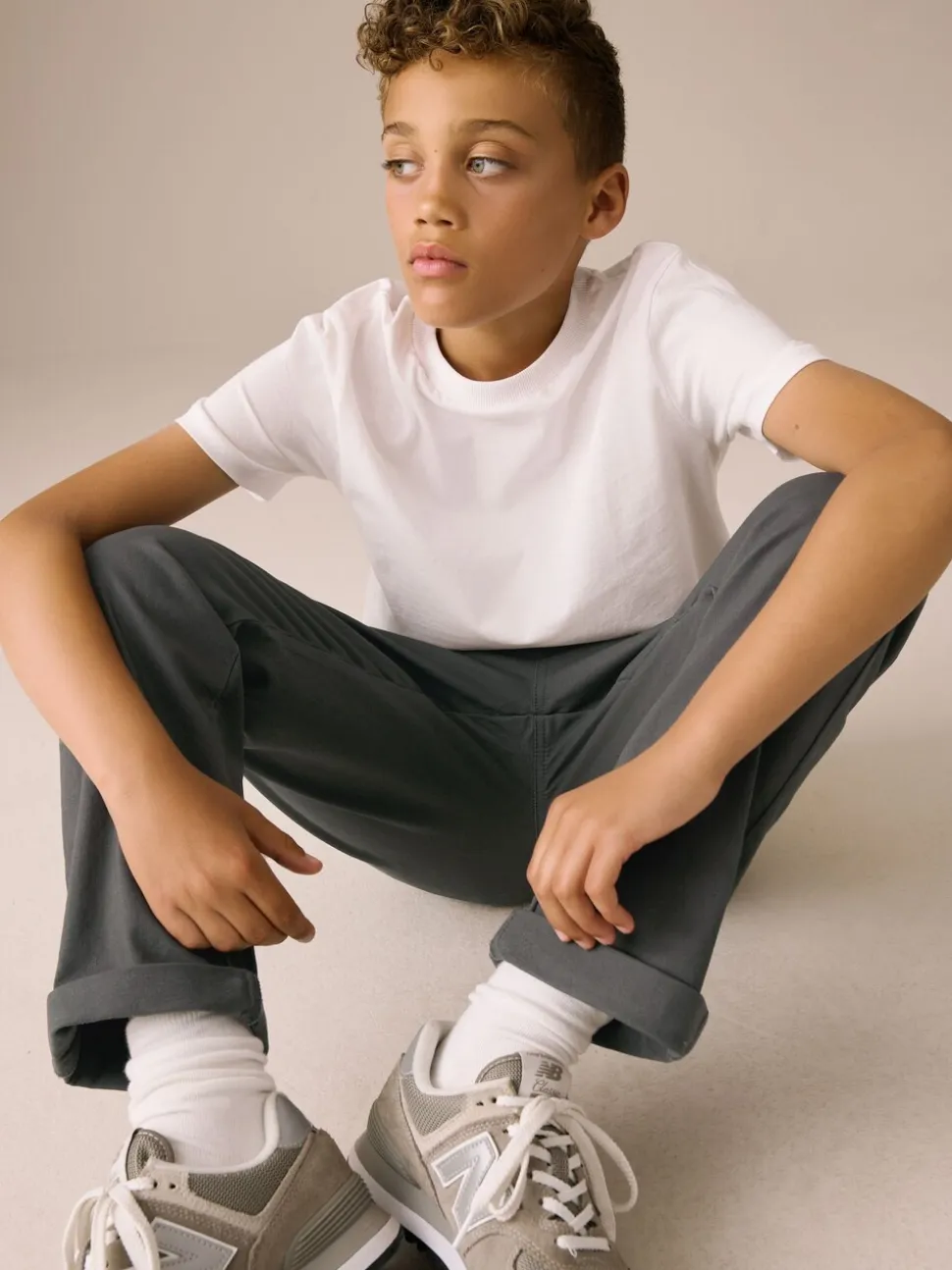 Antraciet - Broek met geribde elastische taille (3-16 jr)