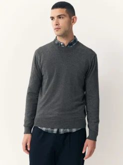 Antraciet - Effen - Regular Fit Cotton Rich Crew Neck Jumper