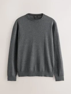 Antraciet - Effen - Regular Fit Cotton Rich Crew Neck Jumper