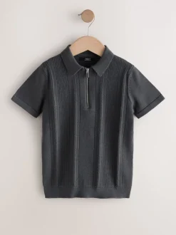 Antraciet - Gebreid poloshirt met rits bij de hals (3-16jr)