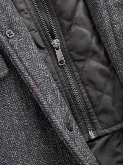Antraciet - Gewatteerde jas van wolmix met visgraatmotief en geïntegreerd gilet