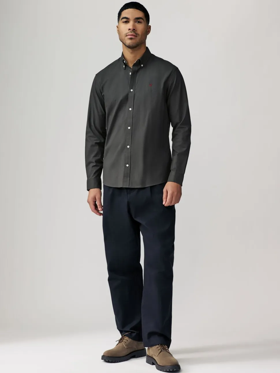 Antraciet - Oxford-stretchoverhemd met lange mouwen