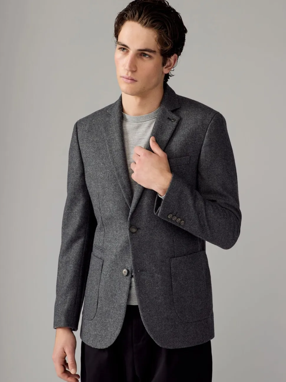 Antraciet - Slim Fit - Blazer met visgraatmotief en hoog wolgehalte