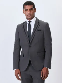 Antraciet - Strakke Pasvorm - Inset Lapel Detail Tuxedo Suit Jacket
