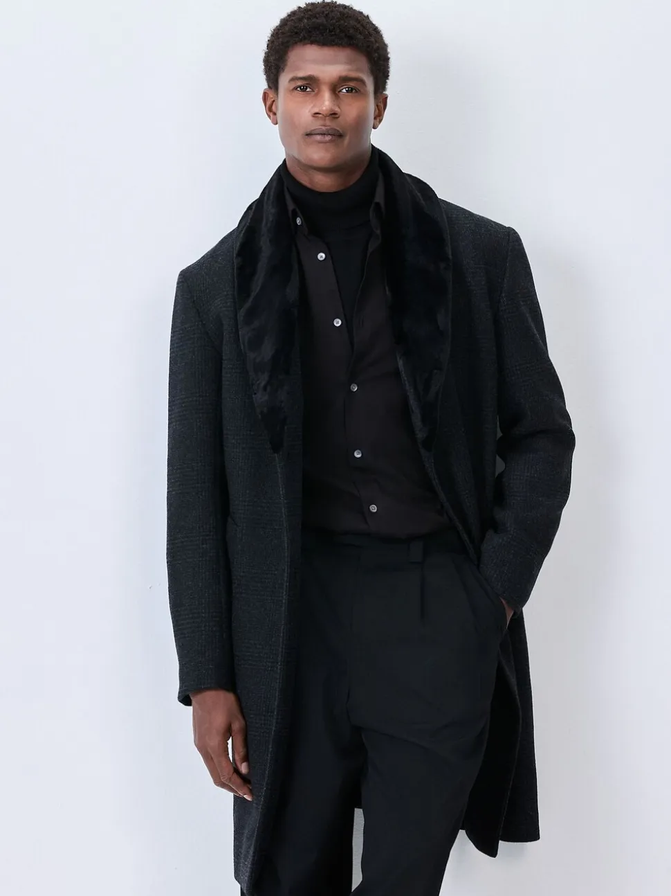 Antraciet - Wool Rich Check Epsom Coat With Fur Trim Lapel