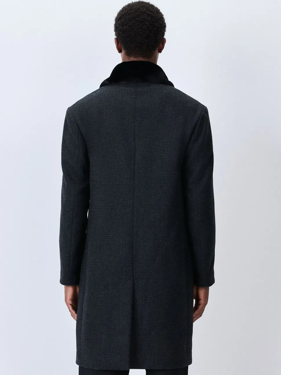 Antraciet - Wool Rich Check Epsom Coat With Fur Trim Lapel