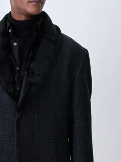 Antraciet - Wool Rich Check Epsom Coat With Fur Trim Lapel