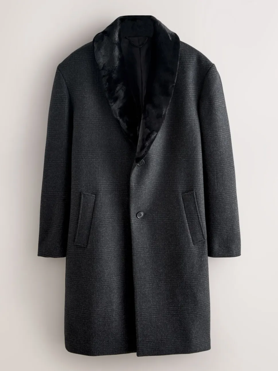 Antraciet - Wool Rich Check Epsom Coat With Fur Trim Lapel