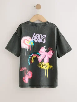 Antraciet graffiti - Oversized T-shirt met grafische print (3-16jr)