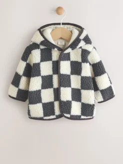 Antracietgrijs dambordpatroon - Baby borg jack met capuchon (0-18mnd)