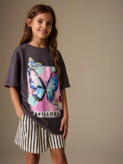 Antracietgrijs vlinder - Sequin Oversized T-Shirt (3-16yrs)