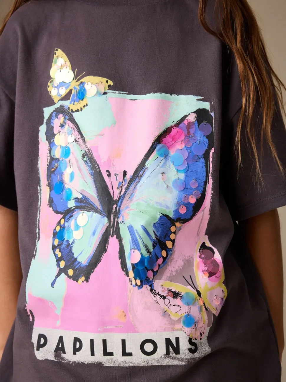 Antracietgrijs vlinder - Sequin Oversized T-Shirt (3-16yrs)