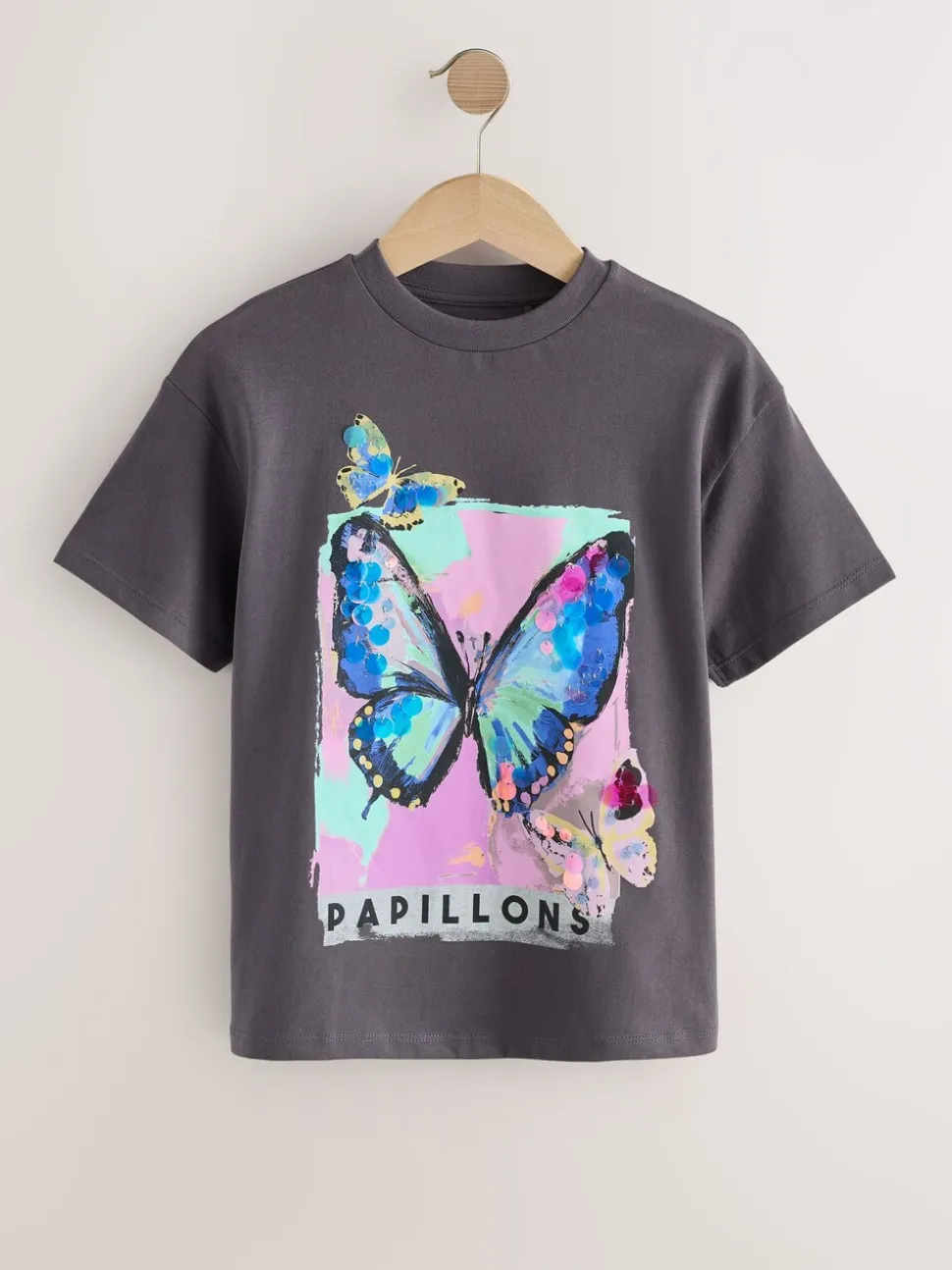 Antracietgrijs vlinder - Sequin Oversized T-Shirt (3-16yrs)