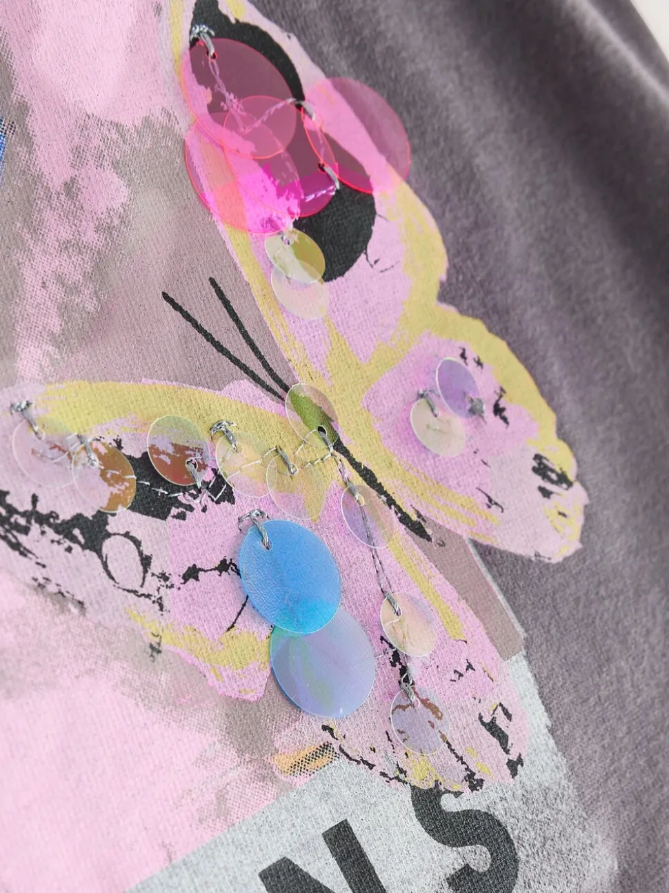 Antracietgrijs vlinder - Sequin Oversized T-Shirt (3-16yrs)