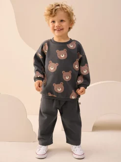 Antracietgrijze beer all-over print - Set met sweatshirt en joggingbroek met strepen (3mnd-7jr)