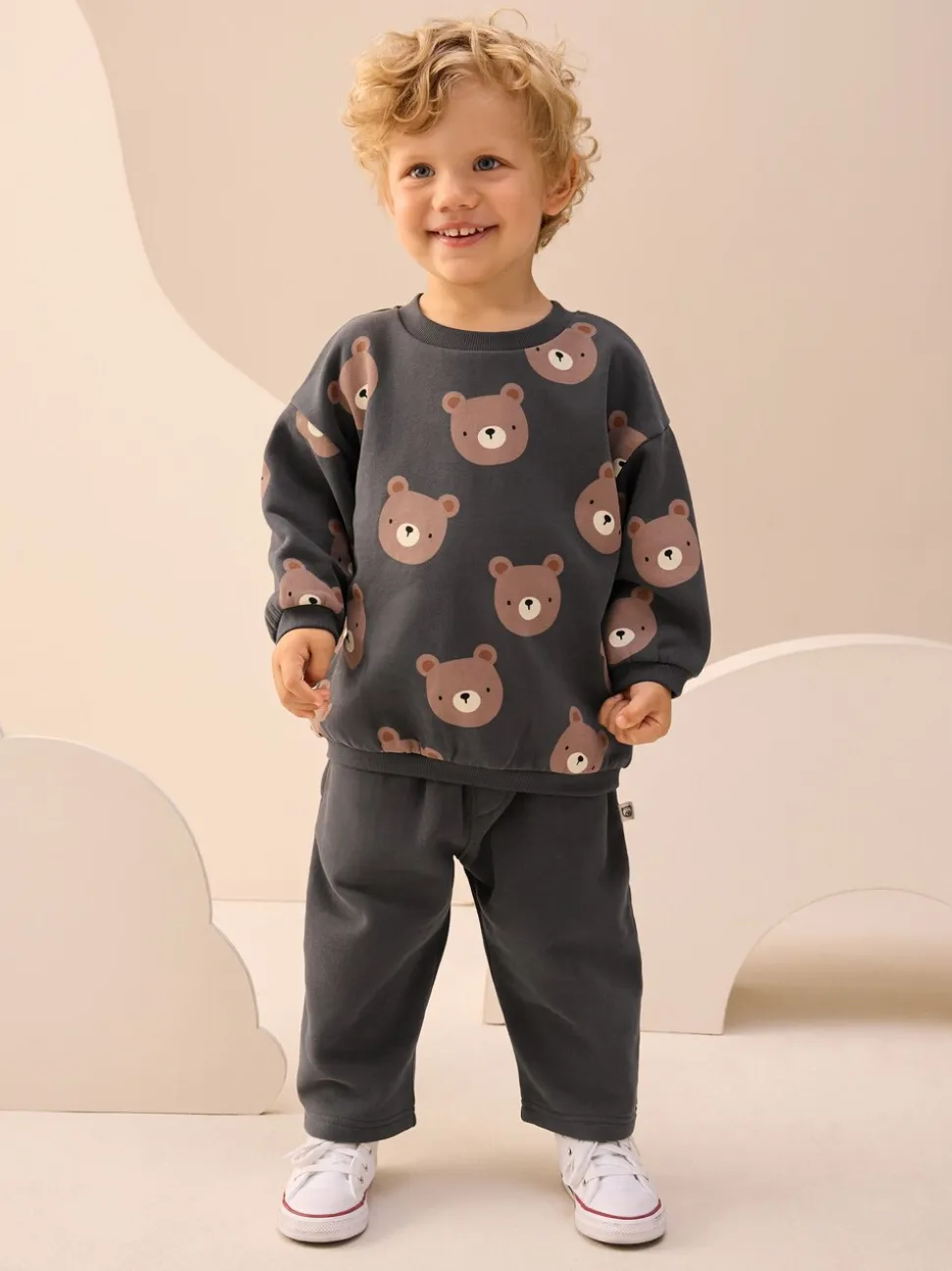 Antracietgrijze beer all-over print - Set met sweatshirt en joggingbroek met strepen (3mnd-7jr)