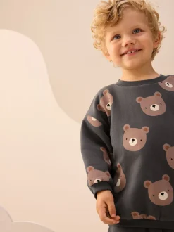 Antracietgrijze beer all-over print - Set met sweatshirt en joggingbroek met strepen (3mnd-7jr)