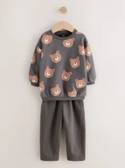Antracietgrijze beer all-over print - Set met sweatshirt en joggingbroek met strepen (3mnd-7jr)