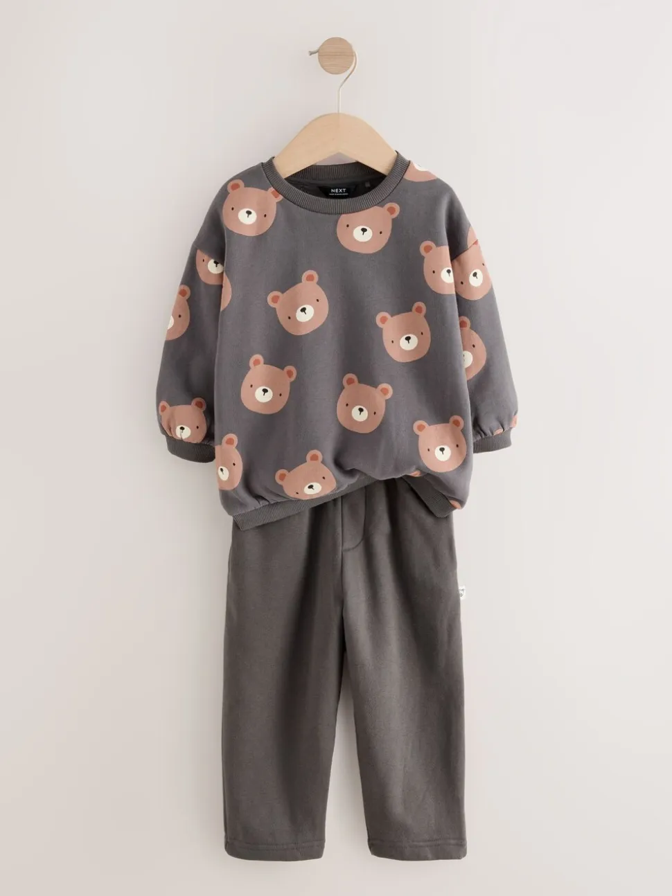 Antracietgrijze beer all-over print - Set met sweatshirt en joggingbroek met strepen (3mnd-7jr)