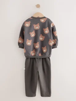 Antracietgrijze beer all-over print - Set met sweatshirt en joggingbroek met strepen (3mnd-7jr)