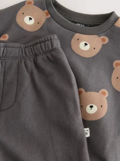 Antracietgrijze beer all-over print - Set met sweatshirt en joggingbroek met strepen (3mnd-7jr)