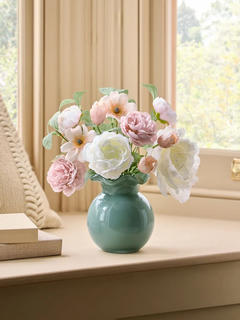 Artificial Floral Arrangement In Frill Glass Vase