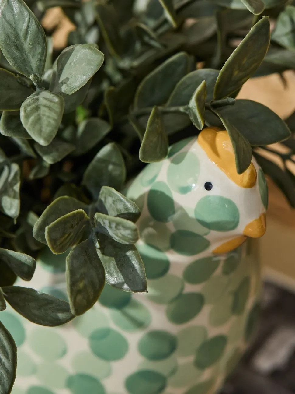 Artificial Plant In Spotted Ceramic Chicken Planter