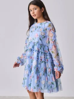Baker by Ted Baker Blue Floral Mesh Ruffle Dress