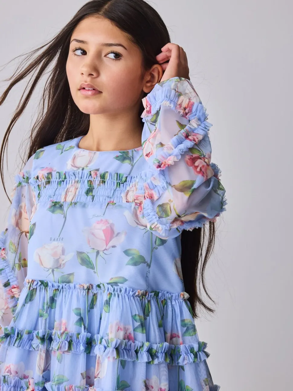 Baker by Ted Baker Blue Floral Mesh Ruffle Dress