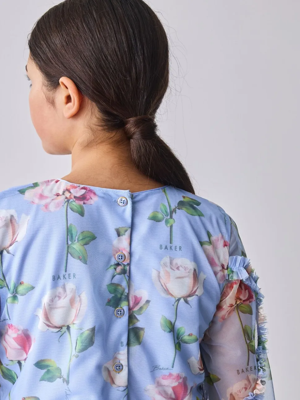 Baker by Ted Baker Blue Floral Mesh Ruffle Dress
