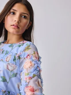Baker by Ted Baker Blue Floral Mesh Ruffle Dress