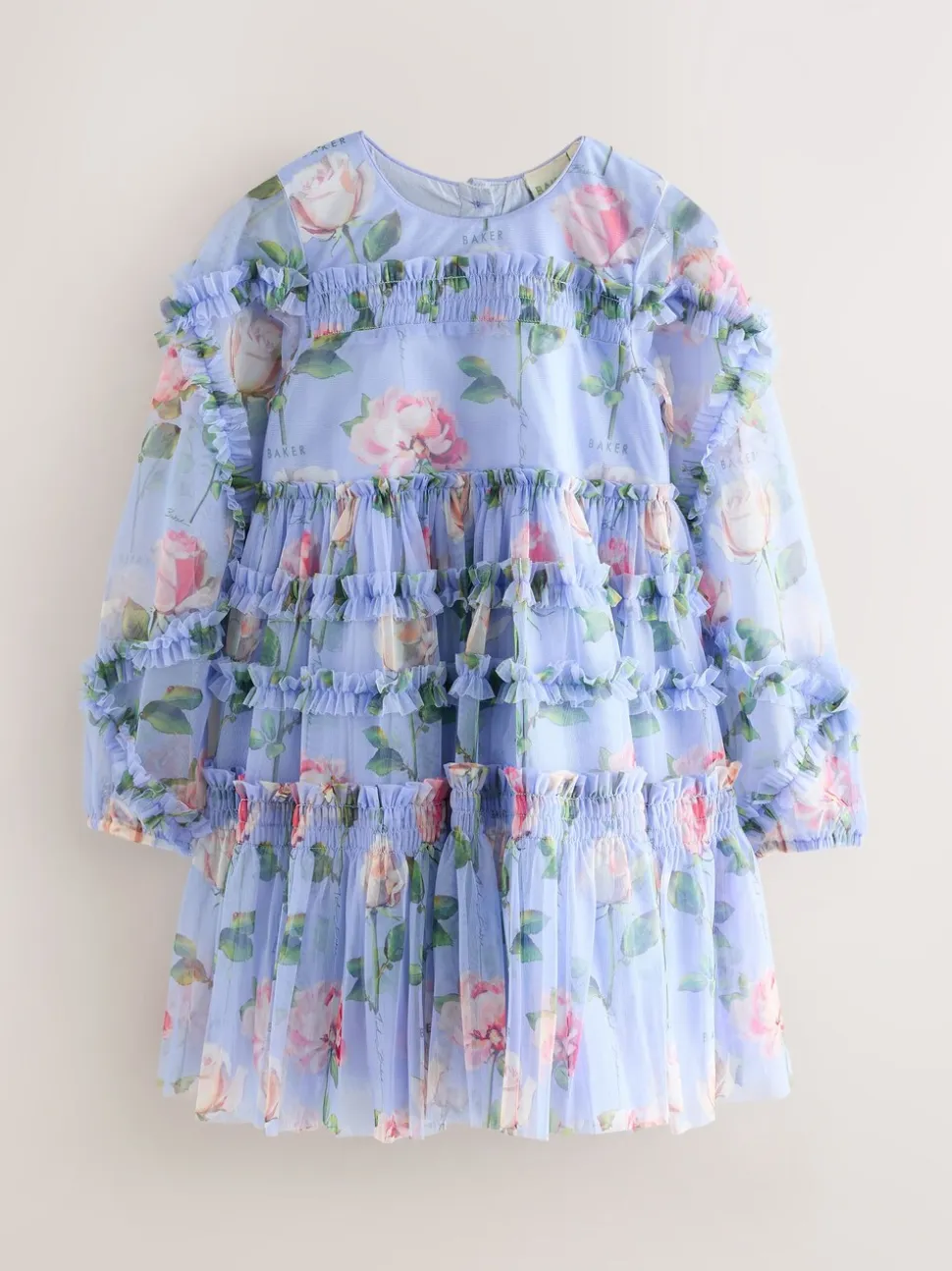 Baker by Ted Baker Blue Floral Mesh Ruffle Dress