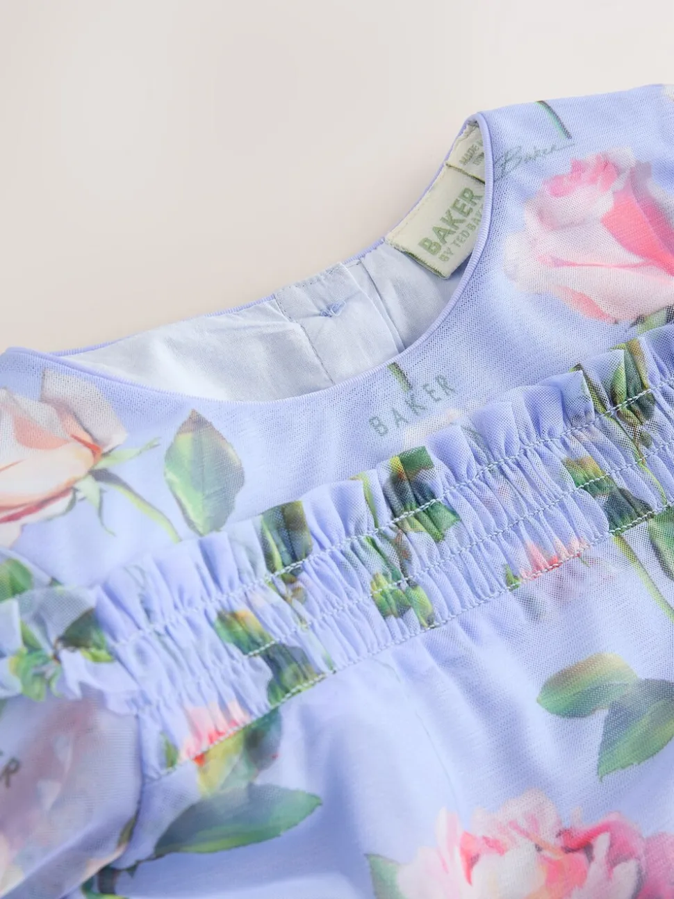 Baker by Ted Baker Blue Floral Mesh Ruffle Dress