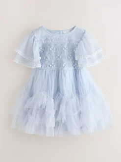 Baker by Ted Baker Blue Mesh Embroidered Detail Dress