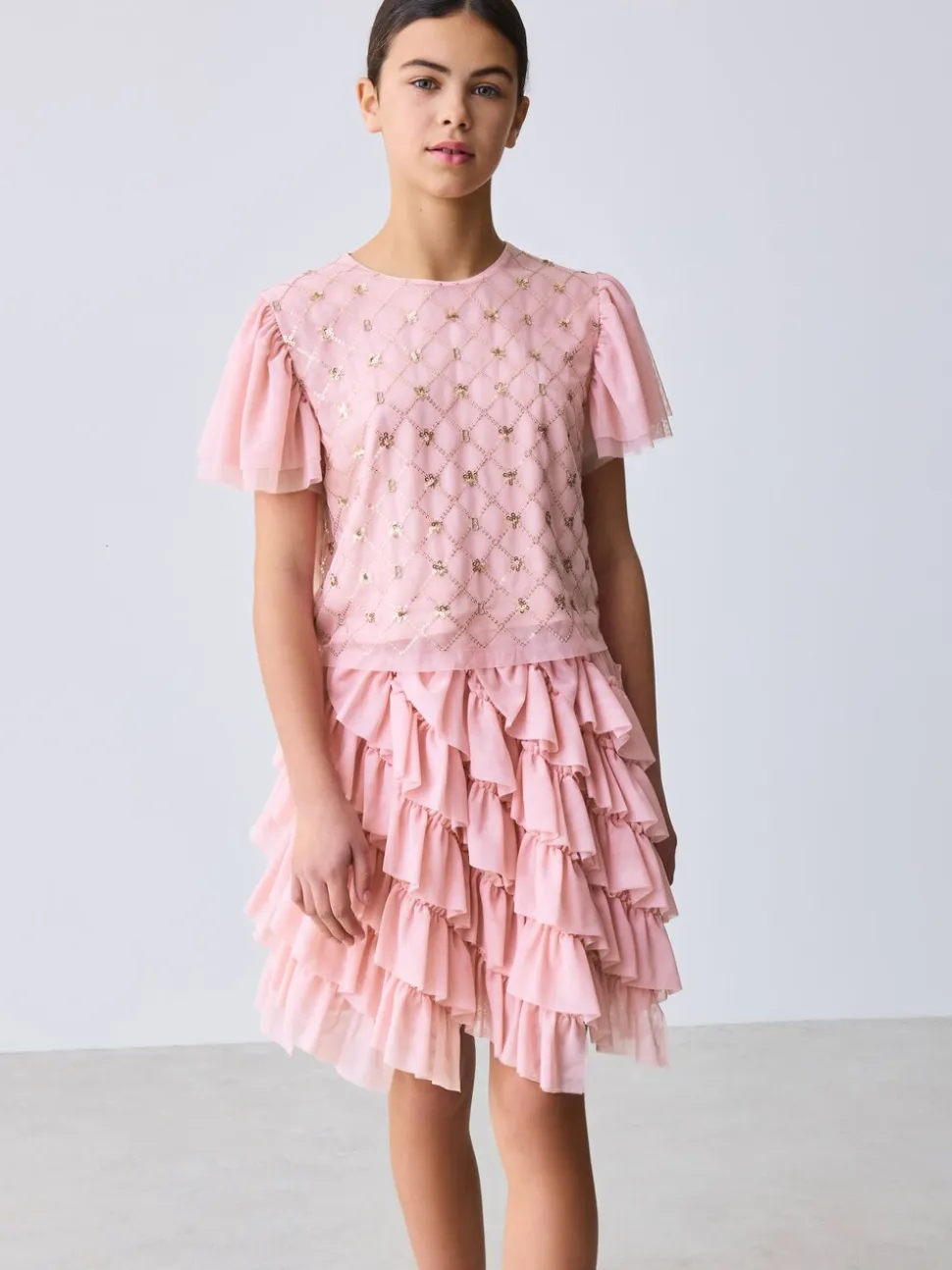 Baker by Ted Baker Pink 2 Piece Sequin Mesh Top & Ruffle Tier Skirt Set