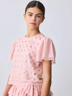 Baker by Ted Baker Pink 2 Piece Sequin Mesh Top & Ruffle Tier Skirt Set