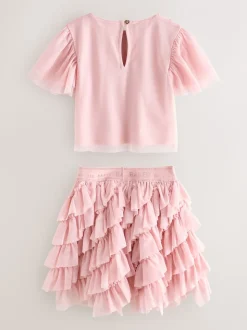 Baker by Ted Baker Pink 2 Piece Sequin Mesh Top & Ruffle Tier Skirt Set