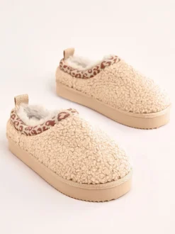 Beige - Lipsy EVA pantoffels met luipaardprint afwerking, borg en fluffy slip-on Klomp