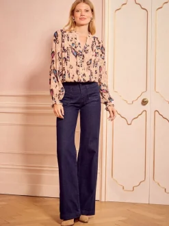 Beige Animal - Love & Roses blouse met lange mouwen en inkeping