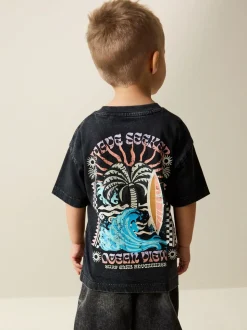 Black Acid Wash Surf Club Oversized - T-shirt met korte mouwen en print op de rug (3mnd -7jr)