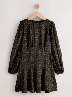 Black Croissant Print - Mini Long Sleeve A-Line Seam Detail Dress