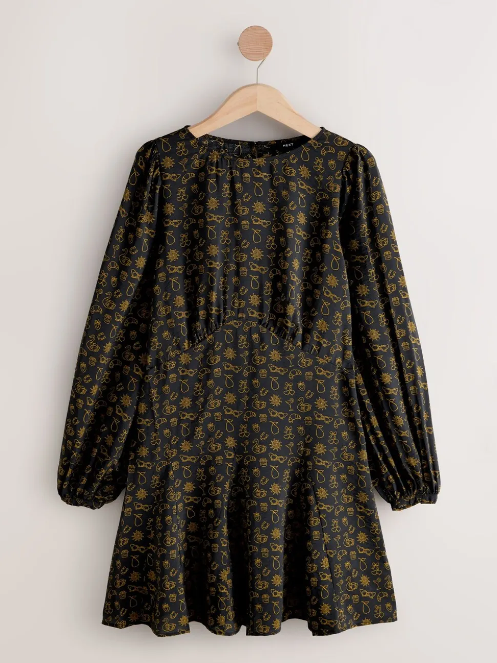 Black Croissant Print - Mini Long Sleeve A-Line Seam Detail Dress