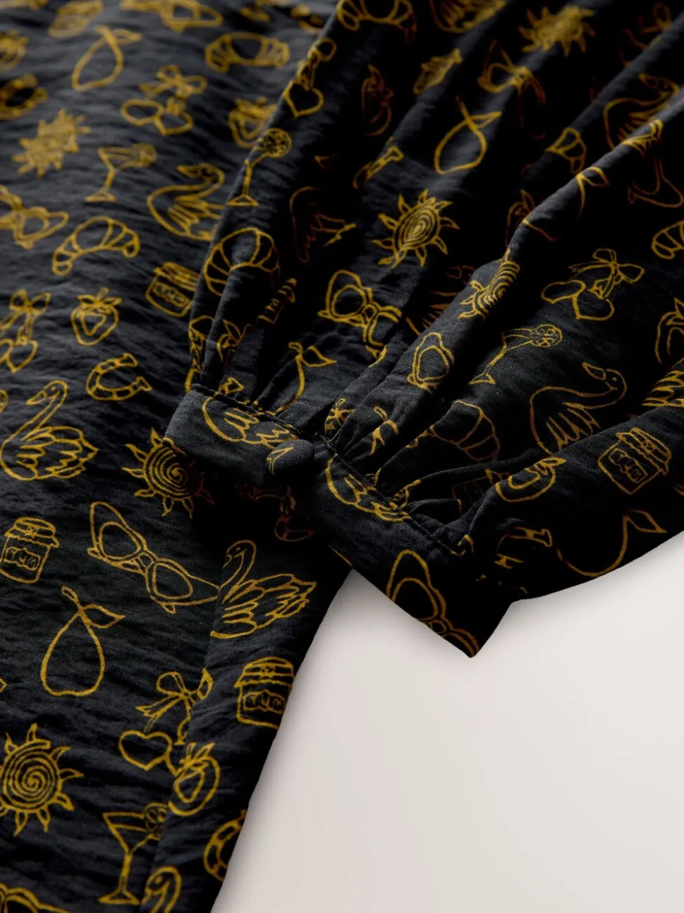 Black Croissant Print - Mini Long Sleeve A-Line Seam Detail Dress