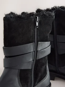 Black Oiled Leather - Forever Comfort® Borg Lined Buckle Trim Ankle Boots
