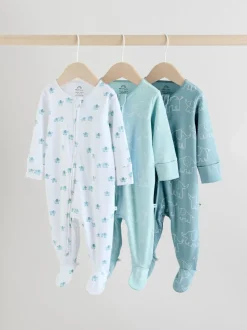 Blauw - Baby Linear Elephant Sleepsuits 3 Pack (0-2yrs)