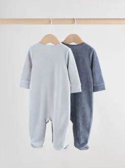 Blauw - Baby Velour Two Way Zip Sleepsuits 2 Pack (0mths-2yrs)