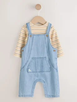 Blauw - Babyset van denim bretelbroeken en bodysuit (0 mnd - 2 jr)
